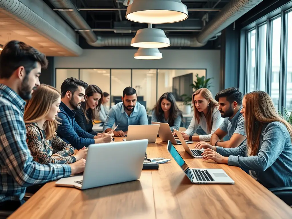 A diverse team of data scientists collaborating on a complex AI model, showcasing the human expertise behind NeuraFort's AI solutions.